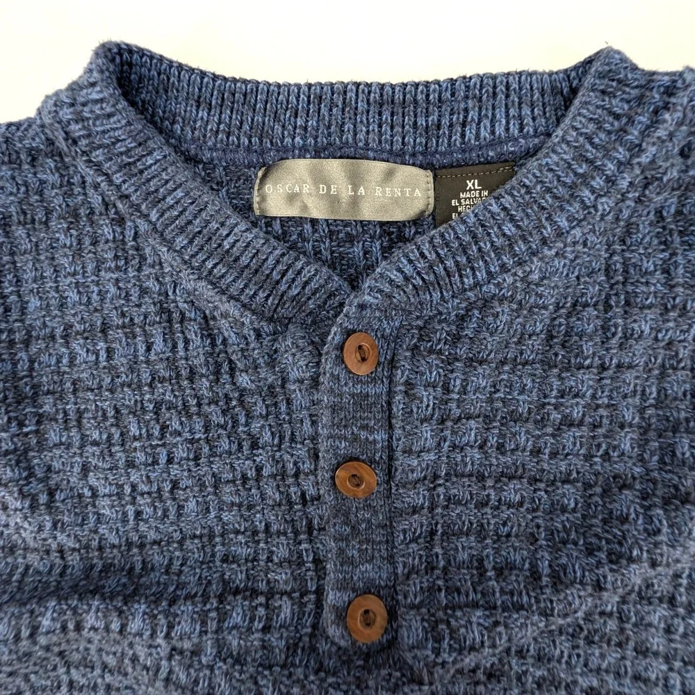 Oscar de la Renta Henley Sweater Blue Waffle Knit Cotton Blend XL